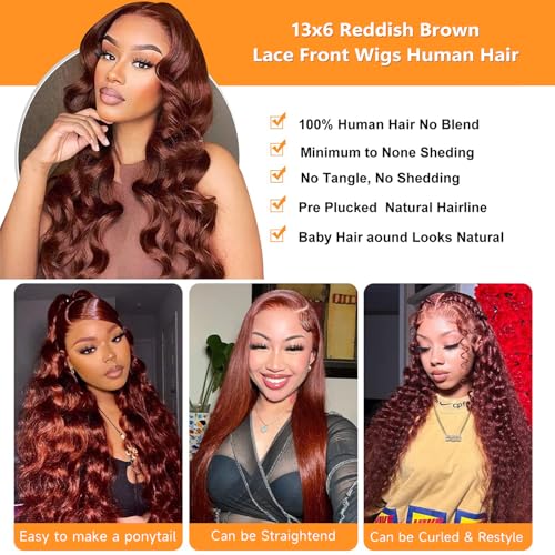Reddish Brown Lace Front Wigs Human Hair Body Wave 13x6 HD Lace Front Wig Human Hair 180% Density Wear and Go Glueless Auburn Wigs Human Hair Pre Plucke Brown Wigs for Women 26 Inch