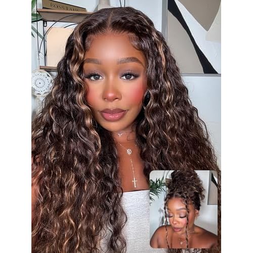 YIROO Golden Brown Highlight 7X5 Bye Bye Knots Water Wave Lace Closure Wig Human Hair Glueless Pre Cut Pre Plucked Invisible Knots Lace Front Wigs Ready to Go Wet and Wavy Wigs 150% Density 22Inch