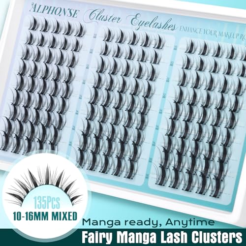 Anime Lash Clusters Fairy Manga Lashes Clusters 10-16mm Mixed Spiky Cluster Eyelash Extensions 135pcs Wispy Individual Lashes by ALPHONSE
