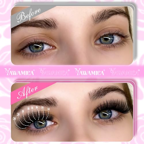 Yawamica Fluffier Lash Extension Kit Thick 200D Volume Eyelash Extension Kit 14-20mm Wispy Lash Clusters Kit D Curly Individual Lashes with Bond and Seal lash Tweezers DIY Cluster Eyelash Extensions