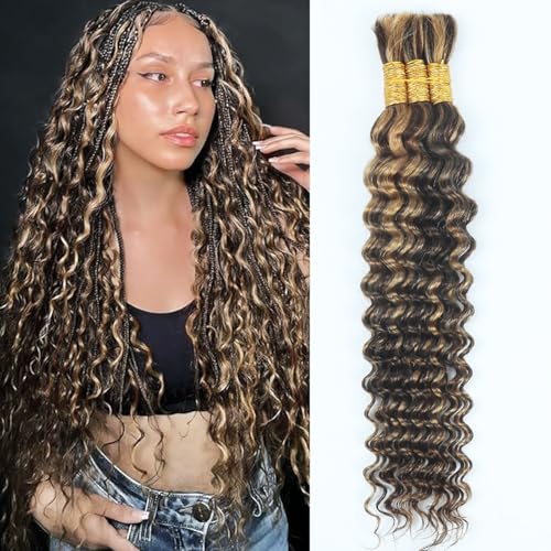 Highlight Human Braiding Hair for Boho Braids 110g Deep Water Wave Bulk Human Hair for Braiding Knotless 12A Curly Bulk Bohemian 3 Bundles P/430 Unprocessed Brazilian Ombre Extensions 20 Inch
