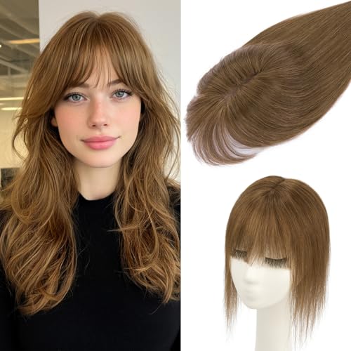 Benehair Hair Toppers for Women Real Human Hair 360¡Æ3D Clip in Bangs Toppers with Bang for Thinning 150% Density Hairpieces Long Coverage Wiglet for Daily Use #04 Medium Brown 14Inch