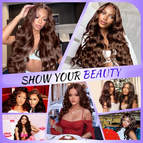 A8 Chocolate Brown Human Hair Wig 200 Density 13X6 Body Wave Lace Front Wigs Human Hair HD Frontal Wigs Pre Plucked Glueless Brown Lace Front Wig for Women 26 Inch