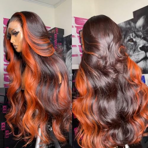 Ginger Highight Body Wave Wig Brazilian Remy Wig 13x4 Transparent Lace Front Human Hair Wigs Pre Plucked Hairline With Baby Hair Bleached Knots (18inch, 13X4)