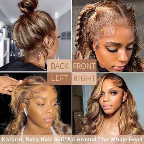 Highlight 360 Body Wave Lace Front Wigs Human Hair, Pre Plucked 180% Density Honey Blonde Highlighted Ombre Full 360 HD Lace Frontal Wig, 4/27 Colored 12A Thick Brazilian Remy Hair 18 IN