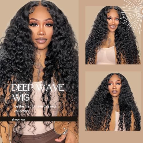 32 Inch Glueless Wigs Human Hair Pre Plucked Pre Cut 5x5 HD Lace Closure Wigs 180% Density Deep Wave Lace Front Wigs Human Hair With Baby Hair Wigs for Women Natural Black