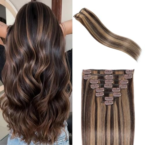 Clip in Hair Extensions Real Human Hair, Seamless Clip ins Real Human Hair for Women, Remy Human Hair Clip in Extensions, Double Weft 8pcs 24 inch Balayage Dark Brown to Chestnut Brown
