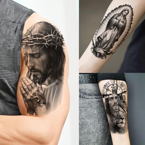74 Sheets Chicano Jesus Christ God Temporary Tattoos For Men Women Adults Arm Cholo, Guadalupe Half Arm Sleeve Fake Tattoo Sticker Mexico West Coast Culture, Temp Chicana Prison Halloween Tattoo Chola