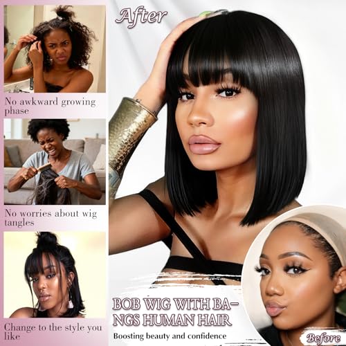 Bob Human Hair Wig with Bangs Silky Straight Glueless Wigs Human Hair 150% Density Black Bob Wig with Bangs None Lace Machine Made Wigs for Black Women 14Inch