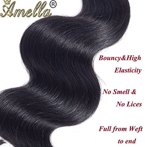 Amella Hair 8A Brazilian Body Wave Bundles - 3 Pack 100% Unprocessed Virgin Human Hair Weave - Natural Black (22, 24, 24)