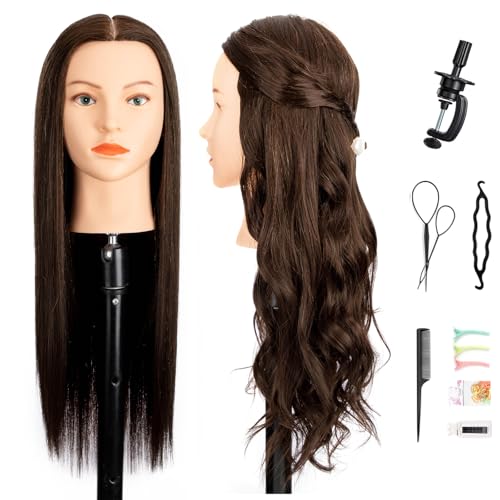 Mannequin Head with 80% Human Hair,26"-28" Cosmetology Human Hair Mannequin Head Hairdressers Practice Doll Head for Hair stly with Free Clamp Holder (#4 Dark Brown)