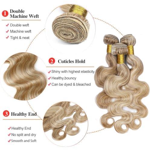 30/32/34 Inch P27613 Highlight Honey Blonde Body Wave Bundles Human Hair Ombre Bundles #27 Warm Honey & #613 Cool Light Blonde Mix Double Weft Brazilian Human Hair Extensions
