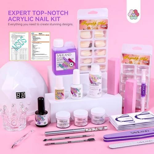 SAVILAND Plus Acrylic Nail Kit: Professional Nails Kit Set Clear White Pink Acrylic Powder and Liquid Set with U V Nail Lamp Nail Remover for DIY Home Use