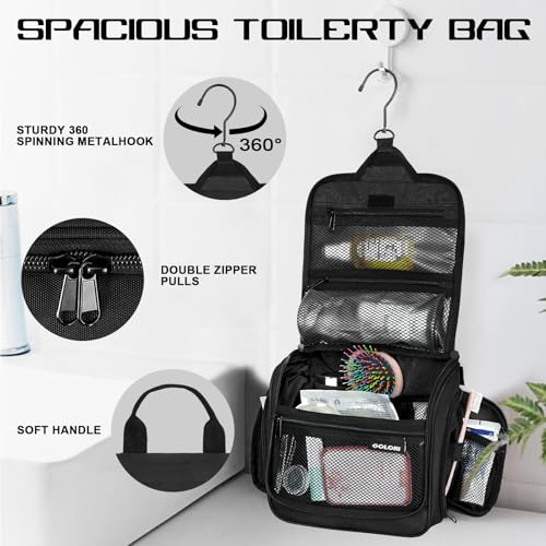 Goloni Hanging Toiletry Bag with Hook, Large Makeup Bag Travel Organizer, Water-Resistant Hanging Cosmetic Bag with 10 Compartments for Women & Men,Black