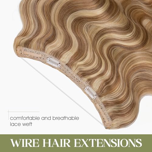 Halo Hair Extensions Real Human Hair Invisible Wire Extensions with Transparent Fish Line Wavy Curly Halo Clip in Human Hairpieces Golden Brown & Bleach Blonde 22 Inch