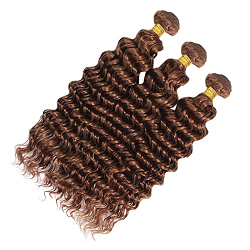 Color #30 Human Hair Deep Wave Bundles 8A Grade Peruvian Virgin Hair 3 Bundles 12 14 16 Inch Brown Hair Extensions
