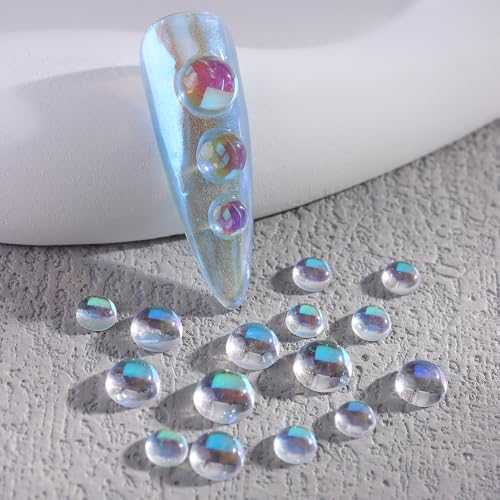 3D Aurora Bubble Beads Nail Art Charms, Mixed Sizes Iridescent Shiny Dewdrop Water Droplets Resin Flatback Rhinestones for Nail Crystals Design Nail Art Jewels Accessories DIY Nail Supply