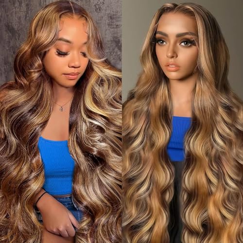 13x4 Lace Front Wig Human Hair 30 Inch Glueless 180% Density Body Wave Honey Blonde Ombre HD Lace Pre Plucked with Baby Hair Frontal Wigs for Women (#4/27)