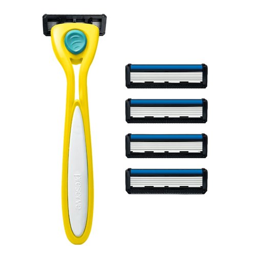Preserve Shave 5 Five Blade Refillable Razor, Made from Recycled Materials, Sunshine Yellow and Preserve Five Blade Replacement Cartridges Wave Edition (4 Count) Bundle