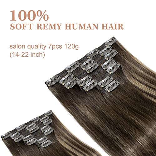S-noilite Clip in Hair Extensions Real Human Hair 20 Inch Balayage Dark Brown Mixed Chestnut Brown 7pcs 120g Double Weft Thick Silky Seamless Remy Clip in Hair Extensions-#(T2/6)/2