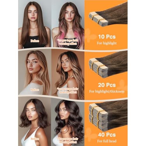 DOORES Tape in Human Hair Extensions, Balayage Dark Brown to Chestnut Brown100g 40pcs 22 Inch, Hair Extensions Tape in Straight Skin Weft Remy Hair Extensions