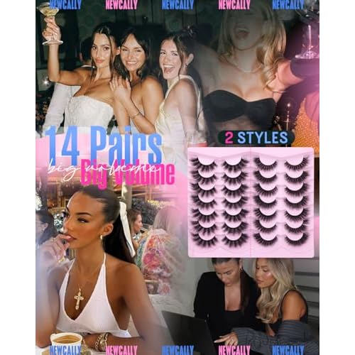 Newcally False Eyelashes Thick Volume Wispy Faux Mink Lashes 8D Volume Long Cat Eye Lashes Dramatic 18MM 2 Styles Mixed Fake Lashes 14 Pairs Pack