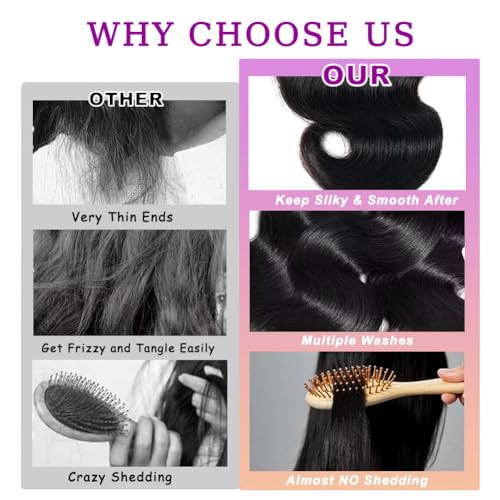 Body Wave Bundles with Closure Human Hair 20 22 24 with 18 Inch Human Hair Bundles with Closure Body Wave 100% Brazilian Virgin Weave Bundles with HD Lace Closure Natural Blac