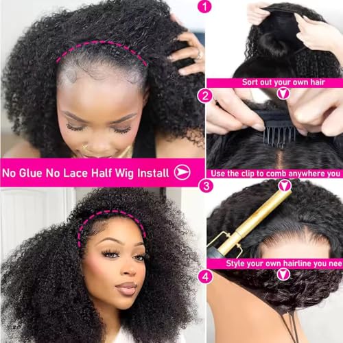 Half Wig Human Hair 200% Density 3 In 1 Seamless Flip Over headband wig human hair Glueless Wear and Go Beginner Friendly Kinky curly human hair wig Drawstring Headband Wig for Women 18inch