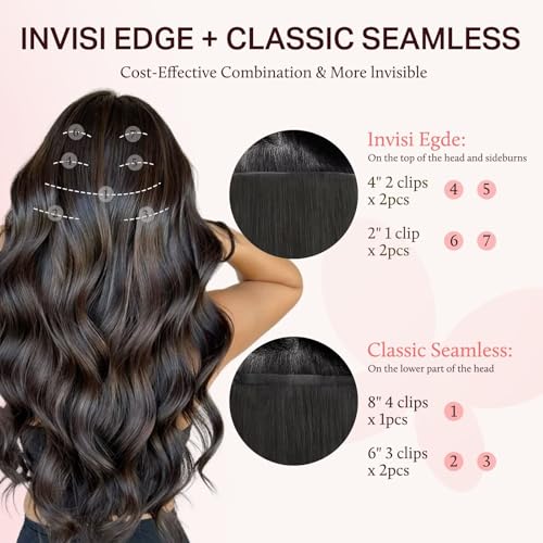 DOORES Clip in Hair Extensions Set 16 Inch 130g, 4pcs Invisi Edge Clip ins and 3pcs Classic Seamless Clip ins, Injected Virgin Real Human Hair Extensions Natural Invisible Straight, #2