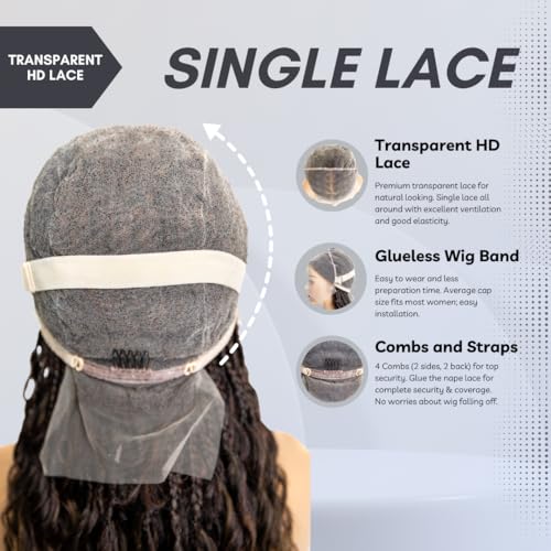 PIB Single Full Lace Braid Wig ? Micro Boho Peruvian Deep Wave Box Braided Wig, Knotless Braided Wigs for Black Women, Curly Hair Wig (#1B30 Off Black and Brown, 24")