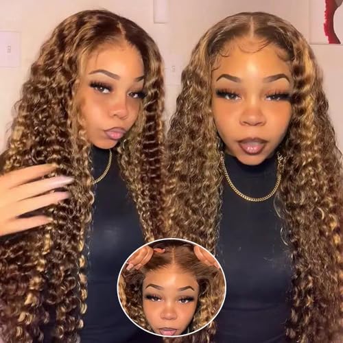 26inch Wear and Go Glueless Deep Wave 4/27 Highlight HD Transparent Lace Front Wigs Human Hair Wet and Wavy Curly Lace Frontal Wigs Pre Plucked with Baby Hair 200% Density