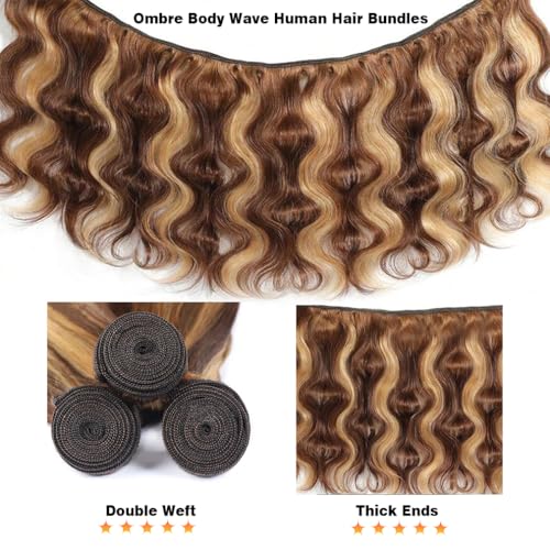 Perstar Highlight Human Hair Bundles Honey Blonde Body Wave 4 Bundles 18 20 22 24 Inches 100% Brazilian Virgin Hair Ombre 4/27 for Women Colored Human Hair Sew In Weave