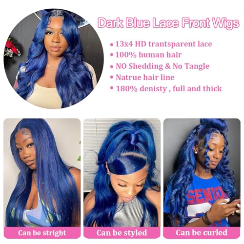 30 Inch Dark Blue Lace Front Wigs Human Hair 180% Density 13x4 HD Transparent Body Wave Lace Frontal Human Hair Wig Blue Glueless Colored Wigs for Women