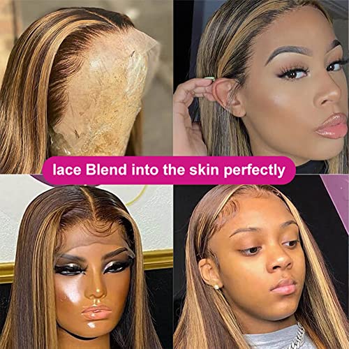 Pizazz Highlight Lace Front Wigs Human Hair Pre Plucked Honey Blonde Color 9A Brazilian Straight Lace Frontal Human Hair Wigs for Women 4/27 Color (4/27 Color Straight Wig, 22 Inch)