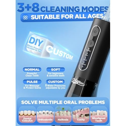 Water Dental Flosser Teeth Pick: WELLFINE Portable Cordless 4 Modes Flossers Pic 300ML Rechargeable Floss Pik Powerful IPX7 Waterproof Oral Irrigator for Cleaning Gum Care Braces for Home Travel