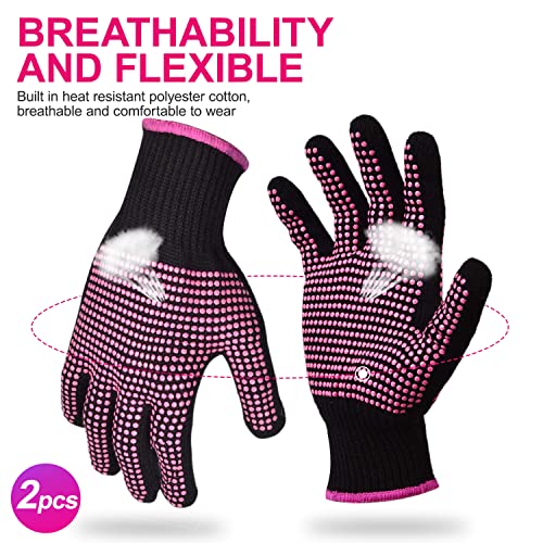 Sopito 2Pcs Heat Resistant Gloves with Silicone Bumps, Professional Heat Protection Gloves for Hair Styling, Mitts for Curling Iron Wand Flat Iron Sublimation, Rose Red
