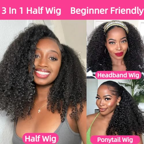 24 Inch Half Wig Human Hair 200 Density Curly Half Wig 3 IN 1 Half Wig With Drawstring Seamless Clip Ins Flip Over Glueless Wigs Human Hair Wear and Go Headband Wig No Glue No Lace for Women
