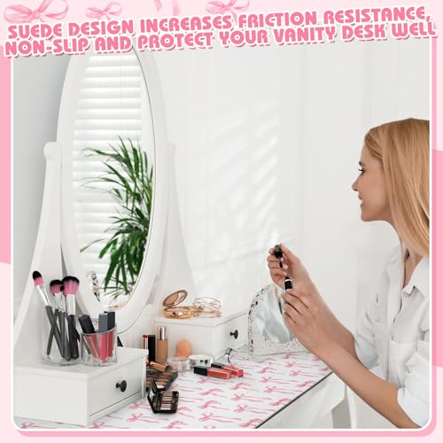 Coquette Bow Makeup Mat for Vanity Top Protector, Dual Sided Leather Vanity Waterproof Desk Pad Dressing Blotter Mat Nonstick for Women Home Office Decor Work(Pink,15.7" X 31.5")