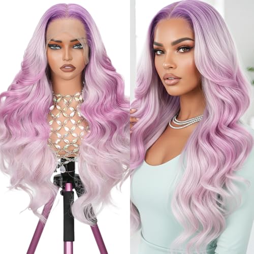 Pink and Purple Ombre Lace Front Wig, 13x6 Glueless Body Wave Human Hair Wig with HD Transparent Lace, Pre Plucked & Baby Hair