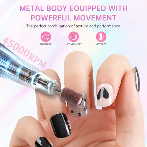 Electric Nail Drill - 45000RPM Portable Nail Drill?Rechargeable Nail E-File Kit with 11 Bits & Base?LED Screen?Ultra-Silent, Rechargeable Nail Drills Machine for Acrylic Nails Gel Polishing(White)