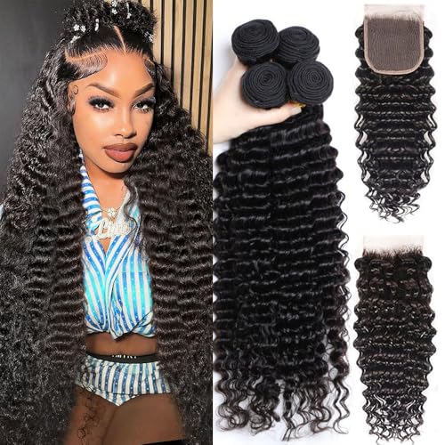 Deep Wave Bundles with Closure Human Hair 18 20 22 24 inch Human Hair Bundles with Closure 16 inch 5x5 HD Lace Free Part 100% Unprocessed Virgin Hair Natural Color Soft