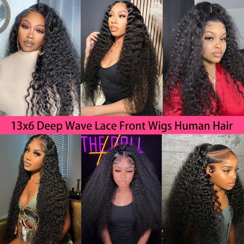 Deep Wave Lace Front Wigs Human Hair 200% Density 13x6 HD Transparent Deep Wave Frontal Wigs Human Hair With Baby Hair(32 Inch)