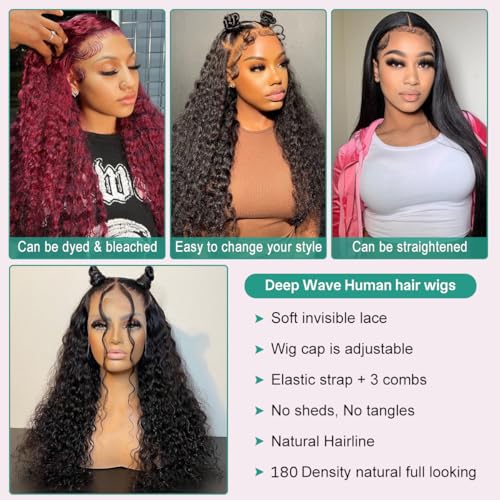 Deep Wave HD Lace Frontal Wig Human Hair 13x4 Lace Front Wigs Deep Wave 180 Density Pre Plucked HD Lace Front Human Hair Wigs for Women Frontal Wig Natural Color (32 Inch)