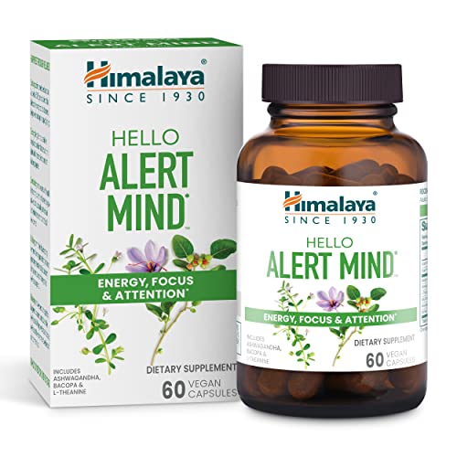 Himalaya Hello Alert Mind with L-Theanine, Ashwagandha, Bacopa, Vitamin B6 & B12, for Energy, Focus & Attention, Vegan, Gluten Free, 60 Capsules