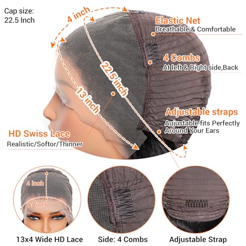 13x4 HD Lace Front Wigs Human Hair 24 Inch Natural Black Body Wave Human Hair Wig 200 Density 12A Glueless Wigs Lace Front Wigs Pre Plucked Glueless Frontal Wig for Women
