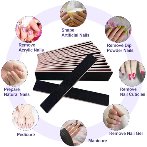 Nail Files (12 Pack), Emery Board Nail File for Acrylic Nails and Natural Nails, 100/180 Grit Double Sided Emory Boards Professional Nail Filer Reusable Washable Manicure Square Black