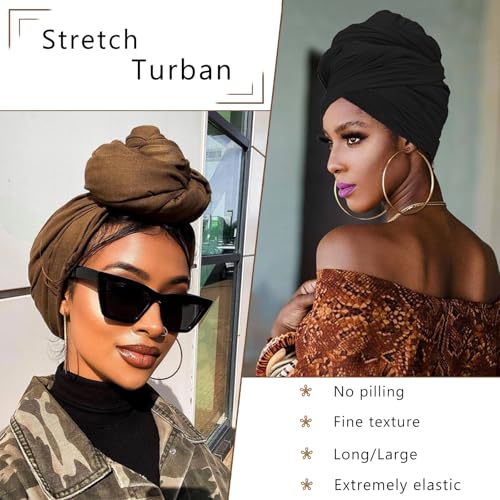 COOKOO 2 Piece Long Solid Color Stretch Head Wrap African Women's Jersey Turban Fashion Head Scarf Ultra Soft Extra Long Headwraps Lightweight Breathable Head Bands Ties for Women(Black+Army Green)
