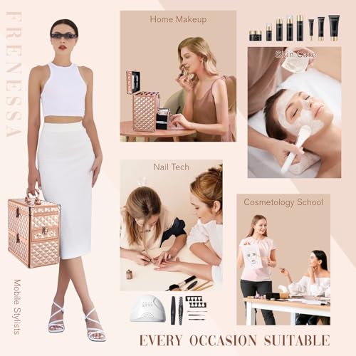 Makeup Train Case Professional Makeup Organizer Case with Drawer Mirror Extra Large Makeup Manicure Accessory with Dividers Travel Cosmetic Case for Cosmetologist Nail Tech Kits Makeup Case Rose Gold