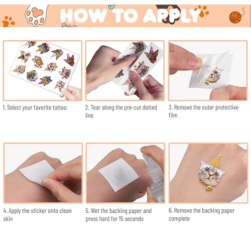 96 PCS Cat Cats Pet Pre-Cut Temporary Tattoos for Kids | Super Cute Themed Birthday Party Favors, Supplies, Decorations, Animal Paw Fake Tattoo Stickers Gifts for Boys Girls Rewards