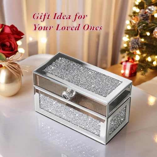 21-Slot Mirrored Lipstick Organizer, Rollerball Perfume Glass Storage box with Lid,Lip Gloss Storage for Vanity, Crushed Diamond Home Decor, 9.2''x 4.5'' x 5.15''